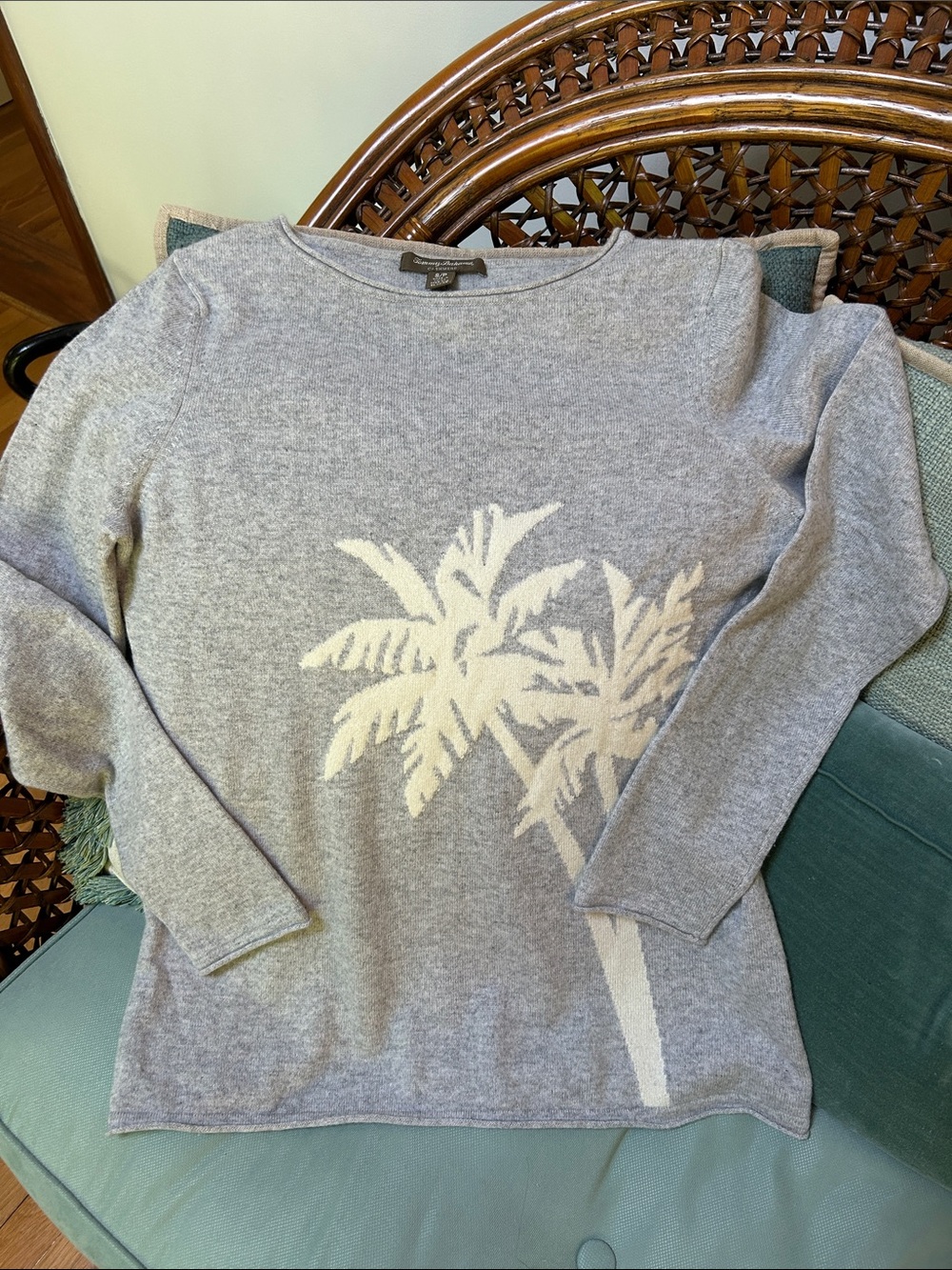 Tommy Bahama Light Gray Crewneck Sweater with Cream Palm Tree Design